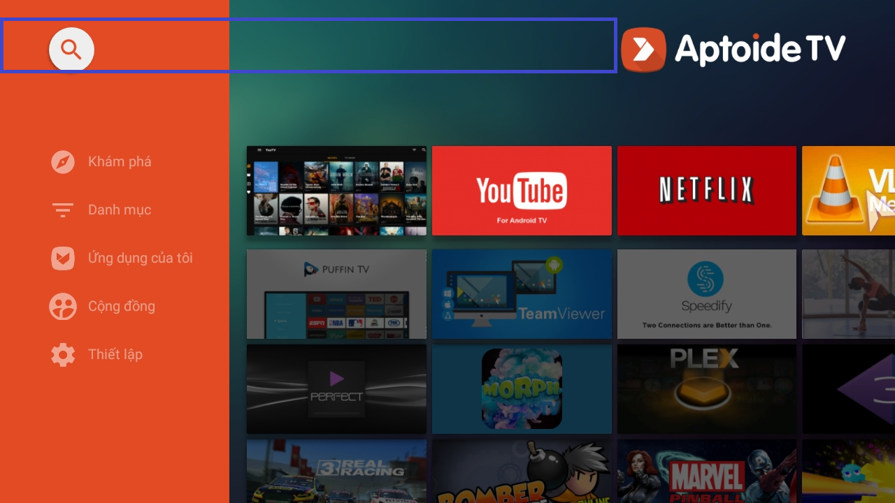  Nhập vào ô tìm kiếm để tìm ứng dụng trong Aptoide TV.