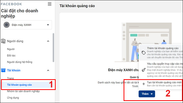 Cách tạo tài khoản quảng cáo Facebook đơn giản, nhanh chóng nhất > Chọn Tài khoản quảng cáo > Chọn Thêm > Chọn Tạo tài khoản quảng cáo mới