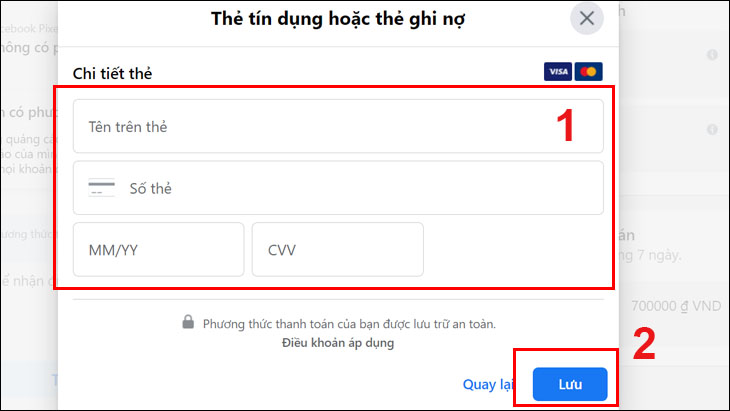 Điền đầy đủ thông tin thanh toán > Bấm Lưu để hoàn tất tạo tài khoản quảng cáo cá nhân