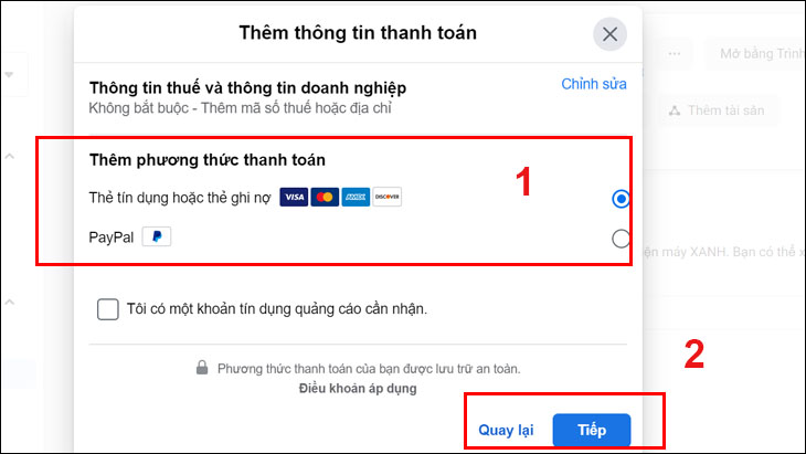 Cách tạo tài khoản quảng cáo Facebook đơn giản, nhanh chóng nhất > Chọn Thêm thông tin thanh toán > Chọn Thêm phương thức thanh toán