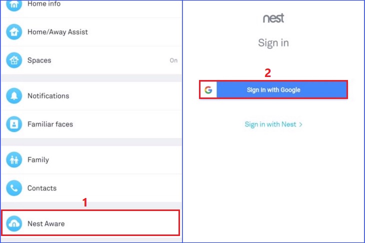 Chọn biểu tượng Cài đặt > Chọn Nest Aware > Đăng nhập bằng tài khoản Google