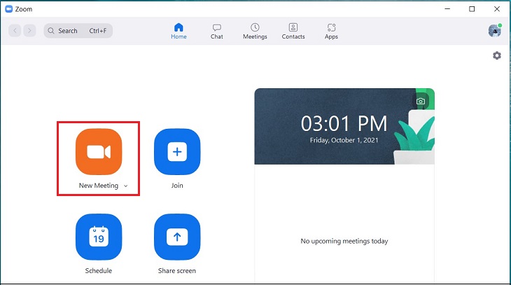 Mở ứng dụng Zoom > Chọn New Meeting để tạo một cuộc họp mới .