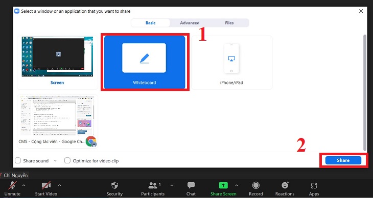 Bấm vào Whiteboard > Chọn Share.