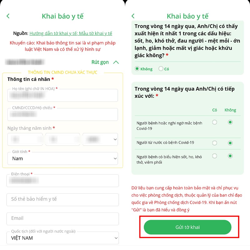 Cách khai báo y tế cho người thân trên PC Covid