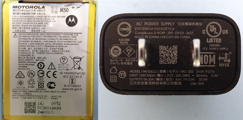 Ảnh chụp viên pin và củ sạc của Motorola Moto G31