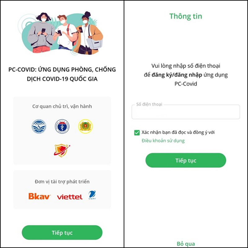 Đăng nhập số điện thoại trên app PC-Covid