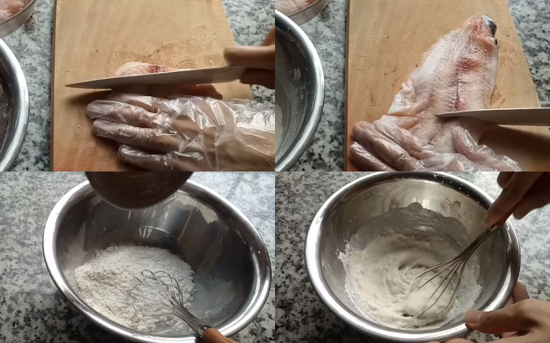 Sơ chế cá basa và trộn hỗn hợp bột