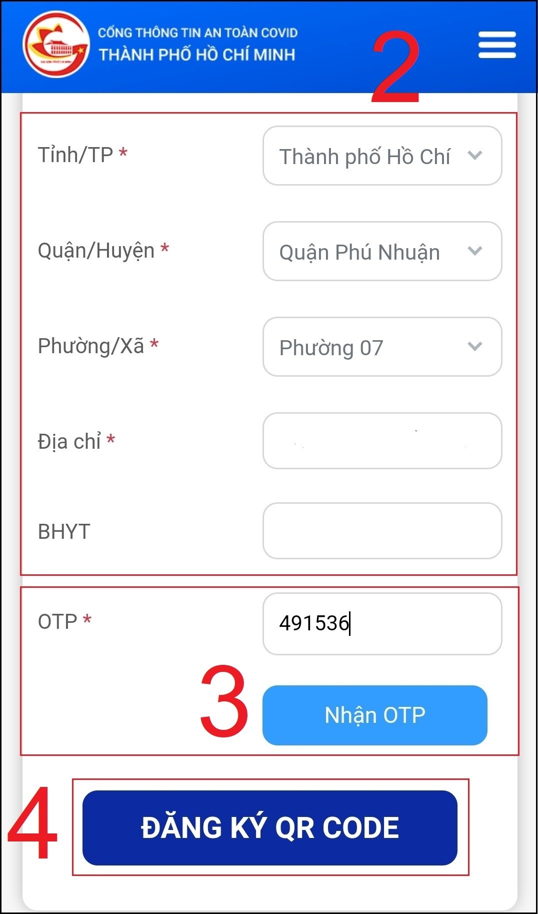 Hãy nhập mã số vào ô OTP, rồi chọn mục Đăng ký QR Code.