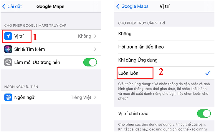 Bạn hãy chọn Vị trí và sau đó nhấn chọn Luôn luôn.