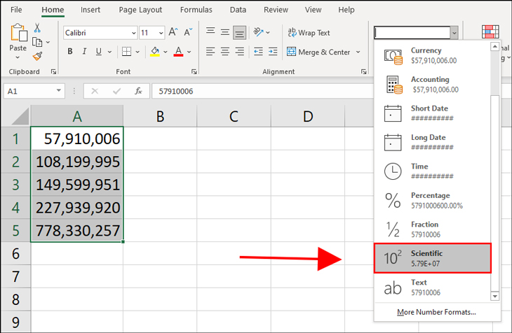 Bạn nhấp vào trình đơn thả xuống Number Format trên tab Home và chọn Scientific.