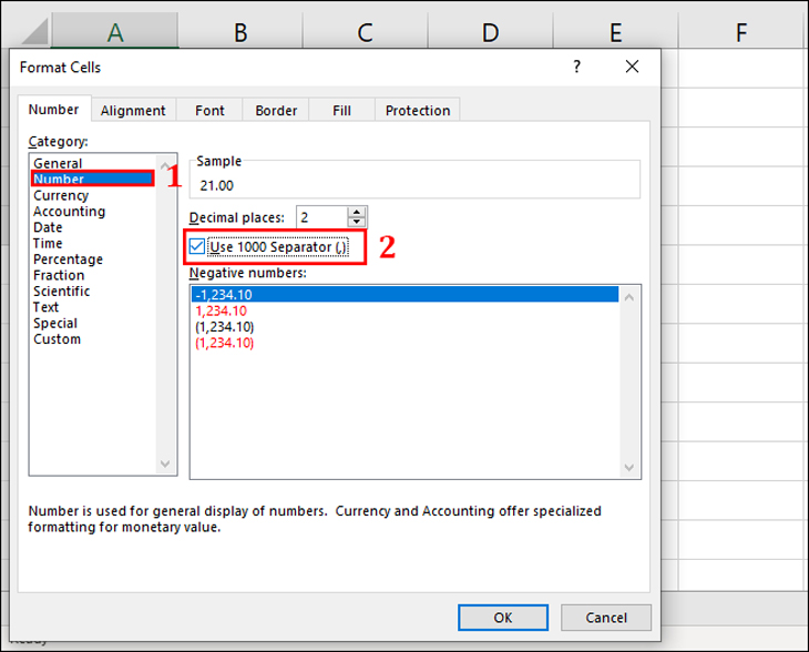 Bạn chọn Number để định dạng cho số, sau đó chọn mục Use 1000 Separator để Excel tự động thêm dấu phẩy sau mỗi 2 chữ số.