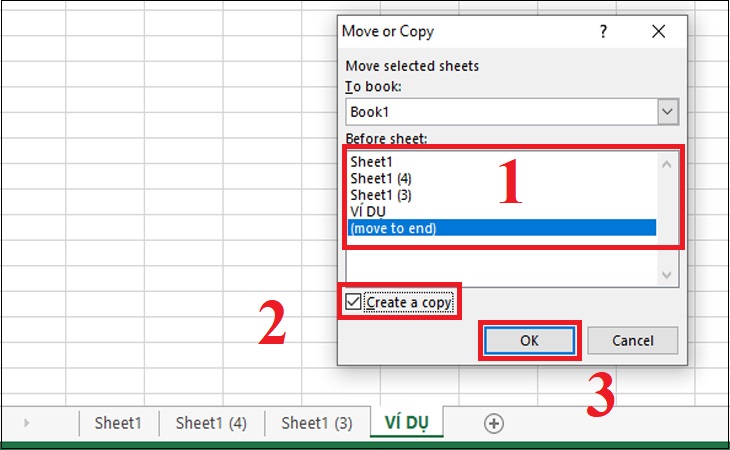 Bước 2: Chọn vị trí muốn đặt sheet đã copy trong ô Before Sheet > Chọn ô Create a copy > Nhấn OK