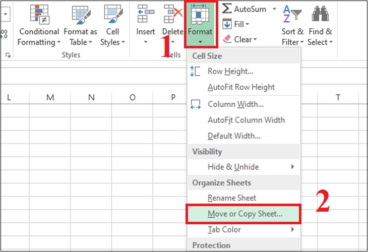 Bước 1: Chuyển đến tag Home  Chọn nhóm tính năng Cells group, chọn vào nút Format   chọn Move or Copy Sheet