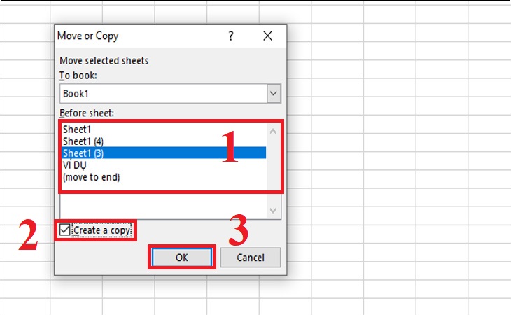 Bước 2: Chọn vị trí muốn đặt sheet đã copy trong ô Before Sheet > Chọn ô Create a copy > Nhấn OK