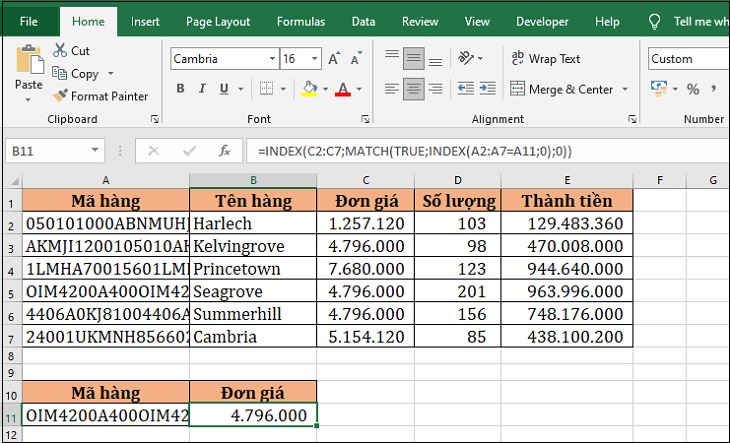 Cách sửa lỗi #VALUE trong Excel > Sử dụng hàm INDEX và MATCH