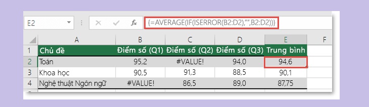 Cách sửa lỗi #VALUE trong Excel > Lỗi #VALUE! khi kết hợp hàm SUM, AVERAGE với hàm ISEROR, IF hoặc IFERROR
