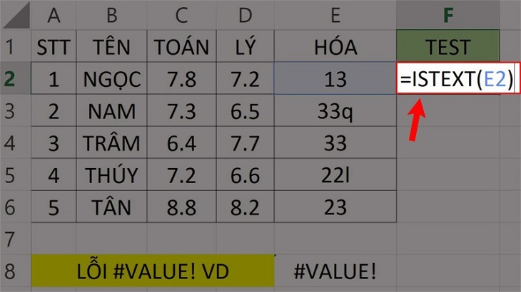 Cách sửa lỗi #VALUE trong Excel > Sử dụng hàm ISTEXT để kiểm tra.