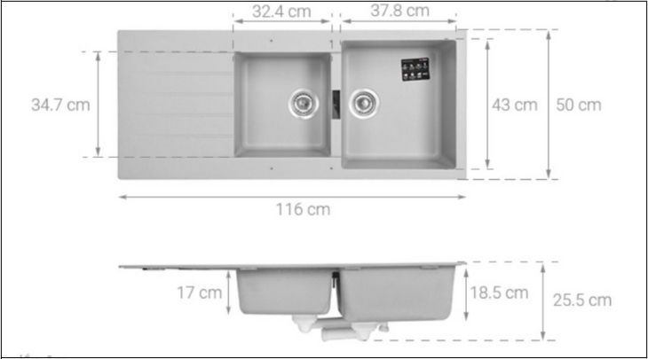 Chậu rửa chén 2 ngăn 1 cánh đá thạch anh Hafele HS19-GED2S80 Xám (570.35.570) với chậu nhỏ có chiều dài 32.4 cm - rộng 34.7 cm - sâu 17 cm, kích thước chậu lớn tương ứng là 37.8 cm - rộng 43 cm - sâu 18.5 cm