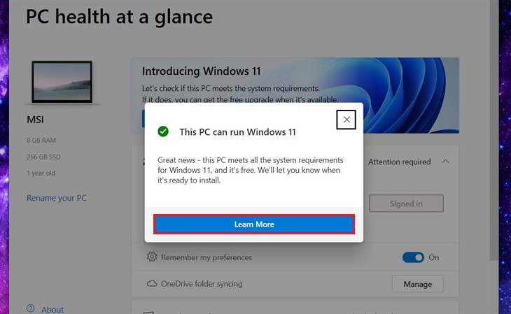 Bạn có thể nhấn Learn more để tìm hiểu thêm thông tin về Windows 11