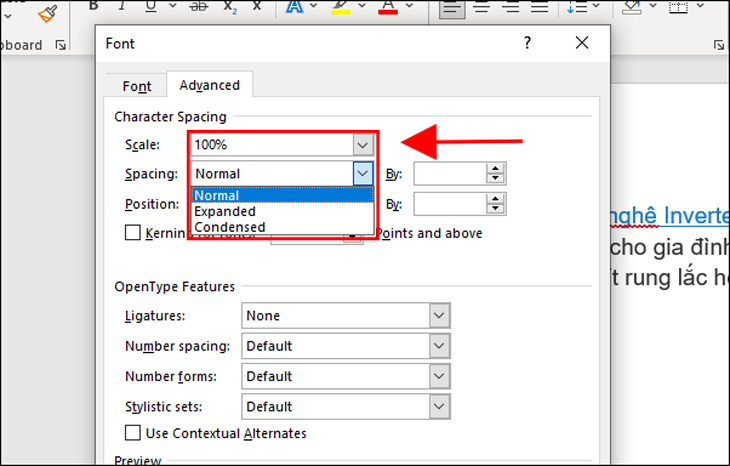 Bạn thiết lập khoảng cách chữ trong văn bản tại mục Spacing
