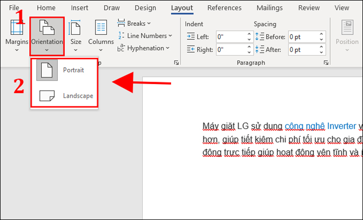 Bạn chọn Orientation để chỉnh sửa khổ giấy của văn bản. (Chọn Portrait để chọn khổ dọc, chọn Landscape để chọn khổ ngang)