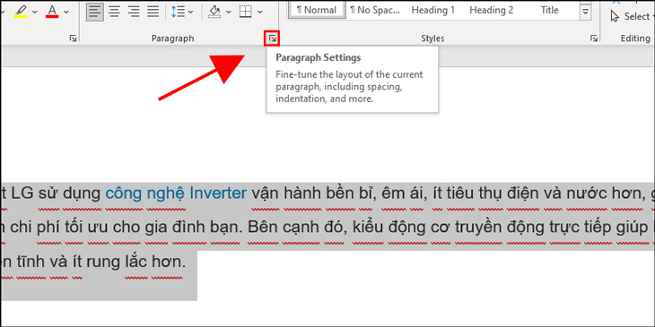 Sau khi bôi đen văn bản, tại tab Home, bạn hãy click chuột vào mũi tên ô Paragraph.