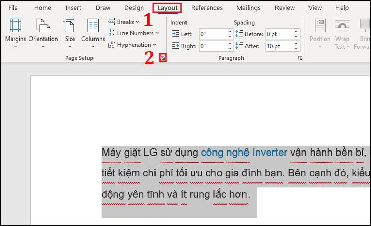 Bạn vào Layout, sau đó bấm vào biểu tượng mũi tên trong Page Setup để tiến hành thiết lập trang.