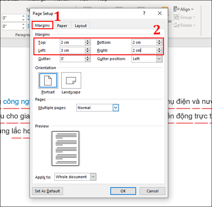 Tại bảng điều chỉnh lề, bạn chọn Margins và tiến hành điều chỉnh lề theo kích thước chuẩn lề A4.