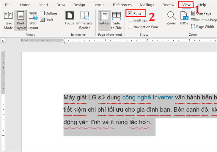 Đầu tiên, bạn hãy mở hiển thị thước ngang bằng cách chọn tab View, sau đó chọn vào Ruler.