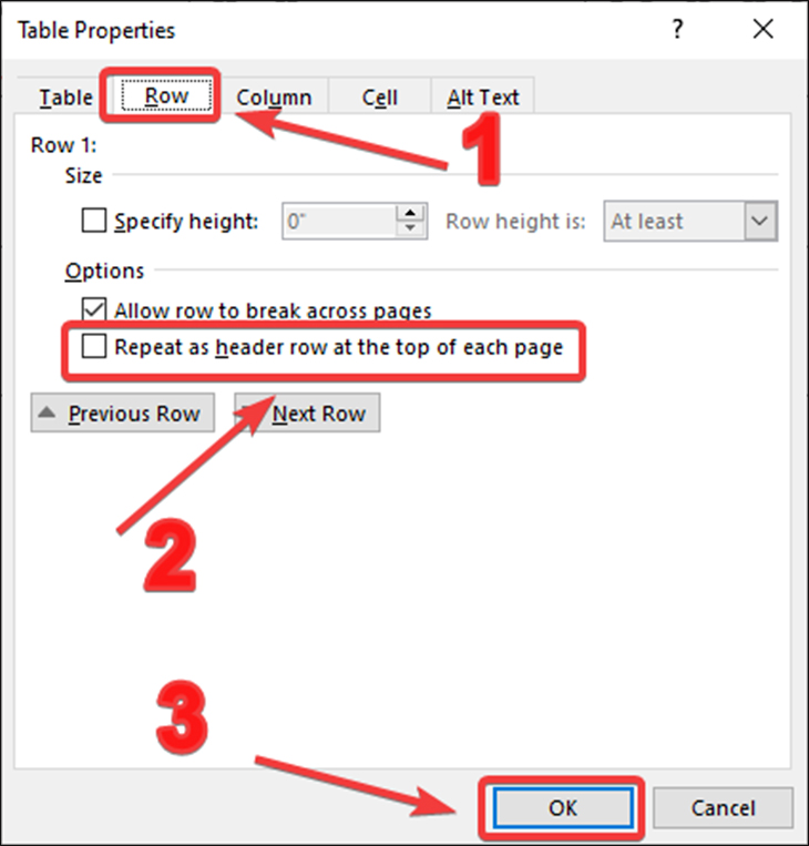 Bạn chọn mục Row. Tiếp theo, bạn chọn Repeat as header row at the top of each page và chọn OK.