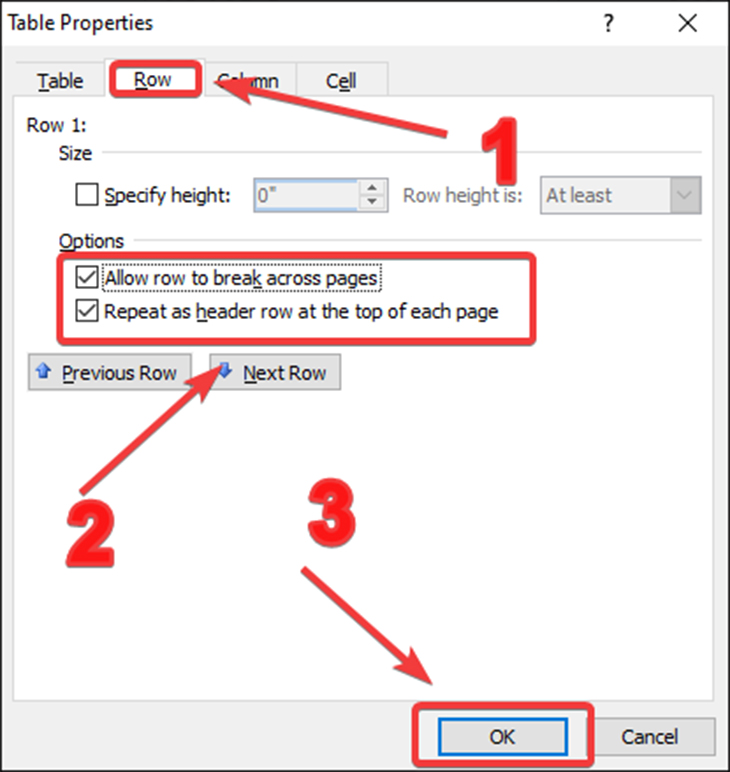 Cửa sổ của Table Properties được mở ra, bạn chọn mục Row. Tiếp theo, bạn chọn Repeat as header row at the top of each page và chọn OK.