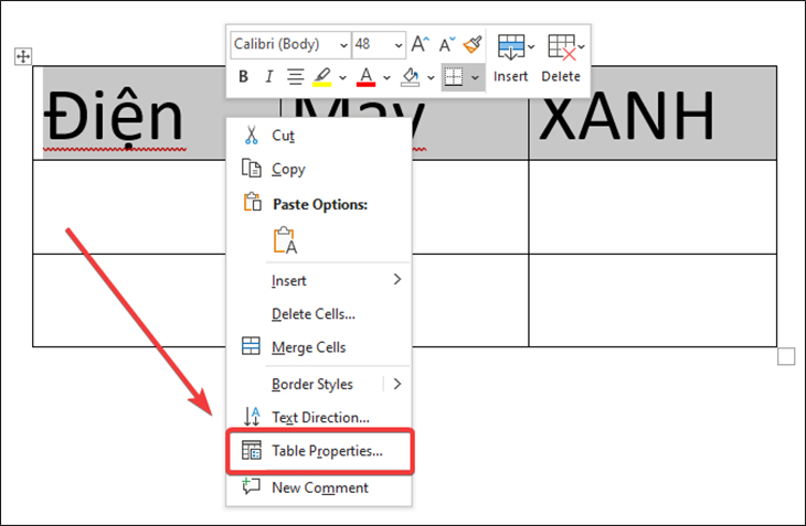 Cách lặp lại tiêu đề trong Word cho bảng biểu thuận tiện trong việc in văn bản > Sau đó bạn nhấn chuột phải vào dòng bôi đen và chọn Table Properties.