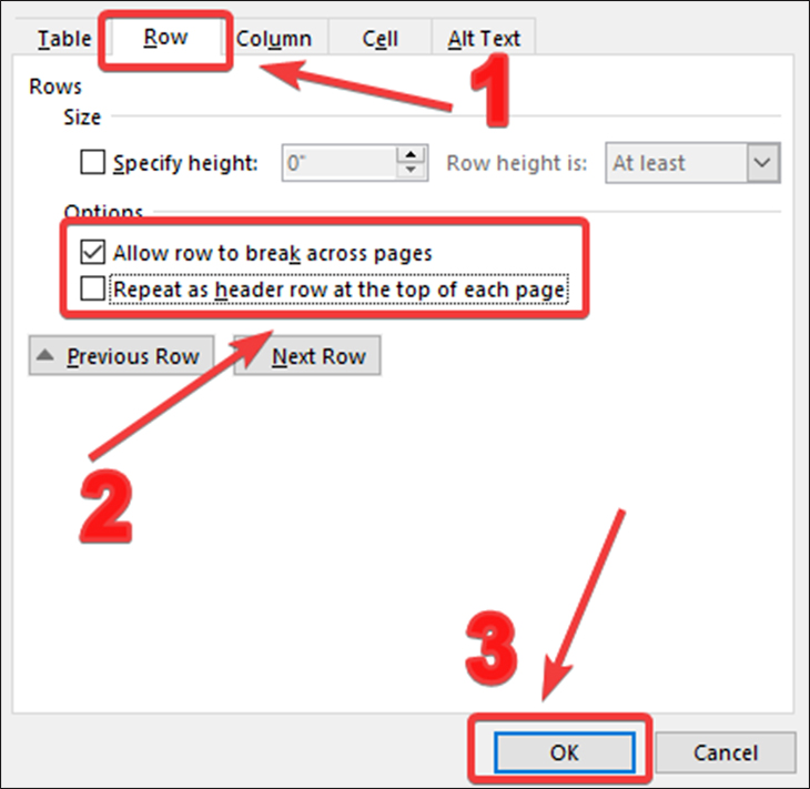 Cách lặp lại tiêu đề trong Word cho bảng biểu thuận tiện trong việc in văn bản > bạn chọn mục Row và click tắt ô Repeat as header row at the top of each page và chọn OK.