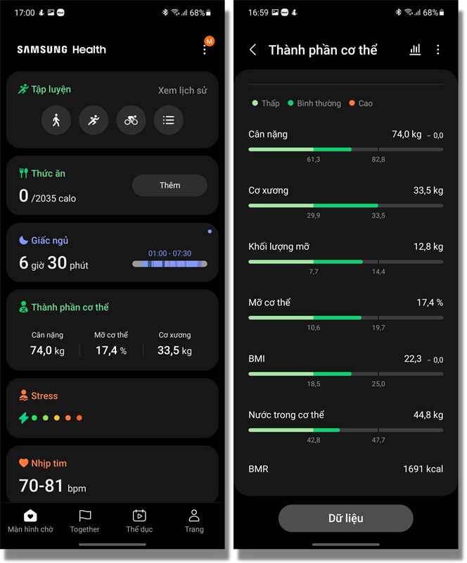 Mình có thể xem chỉ số cơ thể vừa đo được thông qua ứng dụng Samsung Health trên điện thoại Samsung.
