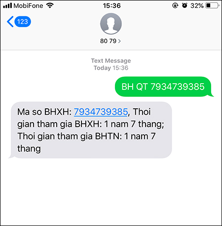 Kết quả tra cứu BHTN bằng tin nhắn điện thoại SMS