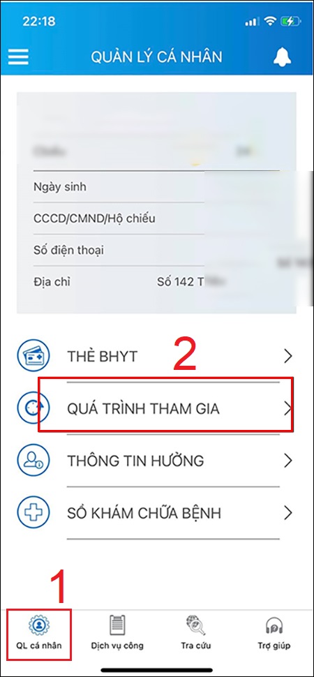 Chọn mục Quản lý cá nhân > Quá trình tham gia