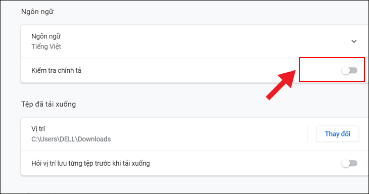 Ở màn hình chọn vào mục Ngôn ngữ => gạt nút Kiểm tra chính tả sang bên phải