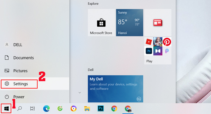Chọn vào biểu tượng Start = chọn Settings