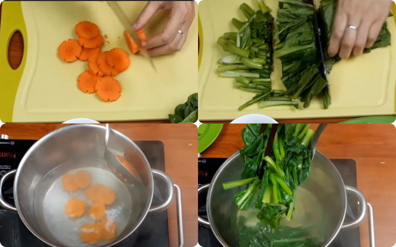 Sơ chế các nguyên liệu và chần sơ cà rốt, rau cải ngồng
