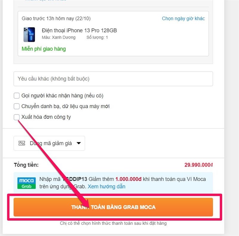 CÁC BƯỚC THANH TOÁN VÍ MOCA CHO IPHONE 13