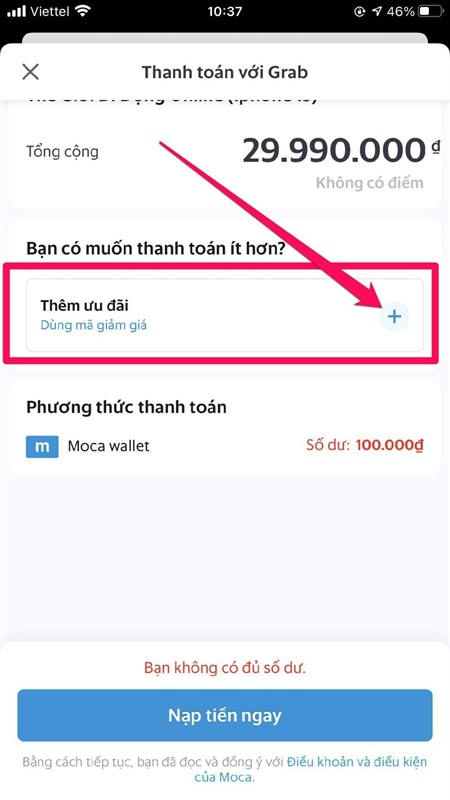 CÁC BƯỚC THANH TOÁN VÍ MOCA CHO IPHONE 13