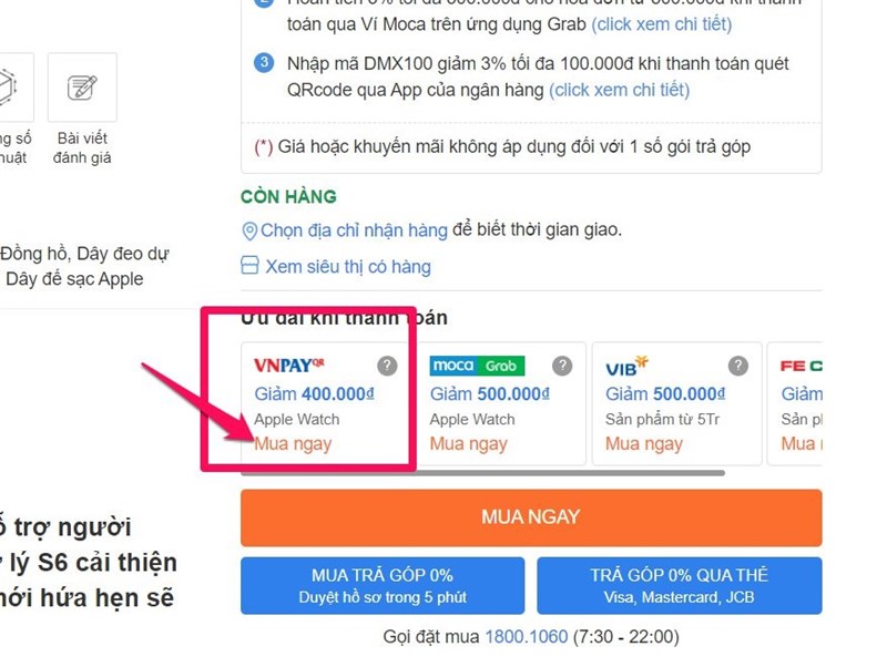 Truy cập vào trang chủ của Trung Tâm Bảo Hành và mua một sản phẩm Apple Watch bất kì. Chọn mục MUA NGAY.