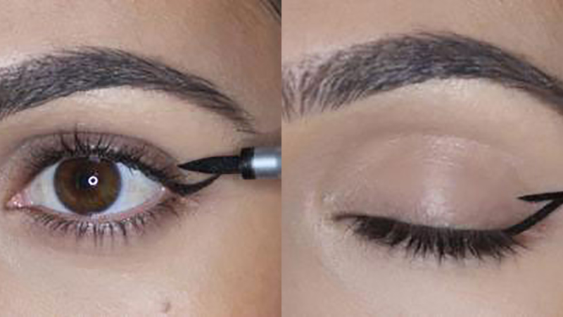 Chấm một điểm và kéo ngược ra sau để chạm với phần đuôi mắt cần kẻ eyeliner mắt mèo