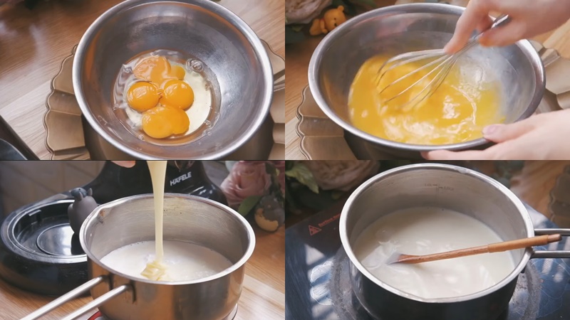 Đánh trứng và đun hỗn hợp sữa
