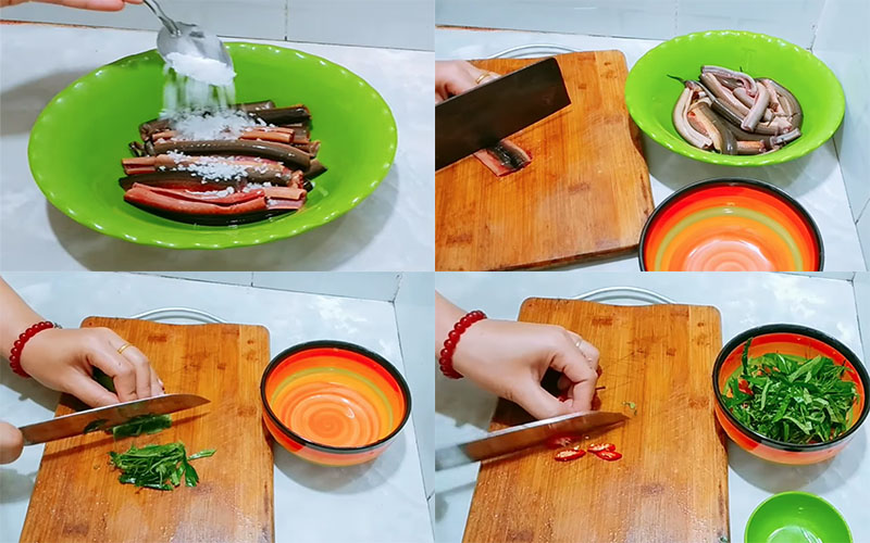 Sơ chế nguyên liệu món lươn xào lá lốt