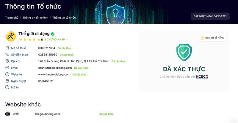 Loạt website thuộc Thế Giới Di Động đạt chứng nhận Tín nhiệm mạng