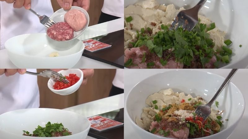 Cho các nguyên liệu vào và trộn đều đến khi nhuyễn