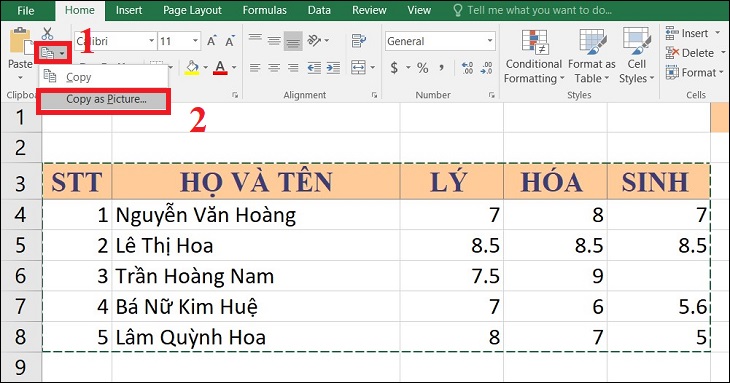 Cách chuyển file Excel sang Word đơn giản, dễ hiểu > Chọn dữ liệu trên Excel mà bạn muốn copy sang Word > Nhấn thẻ Home > Nhấn vào Copy > Chọn Copy as Picture.