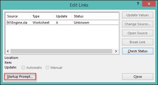Hyperlink trong Excel bị lỗi - Nguyên nhân và cách khắc phục > Chọn Startup Prompt trong giao diện Edit Link.