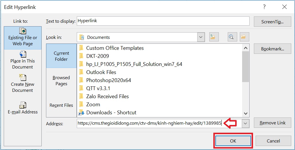 Hyperlink trong Excel bị lỗi - Nguyên nhân và cách khắc phục > Edit Hyperlink > đặt con trỏ chuột ở cuối URL > Nhấn OK để Excel tự fix lại lỗi giúp bạn.